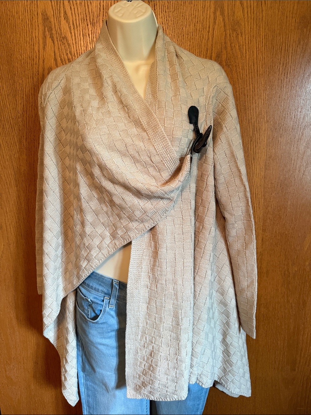 VENUS Beige Knit Wrap Poncho with Toggle Accent